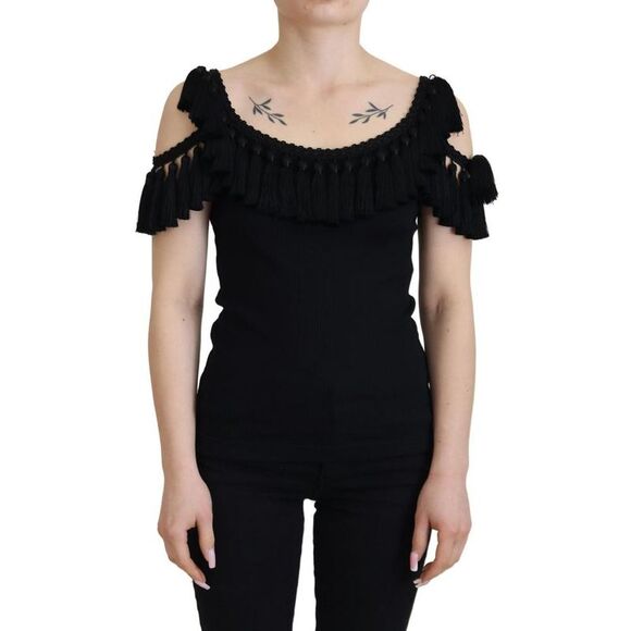 Dolce & Gabbana Tassel Ribbed Short Sleeve Top Women Black Tops